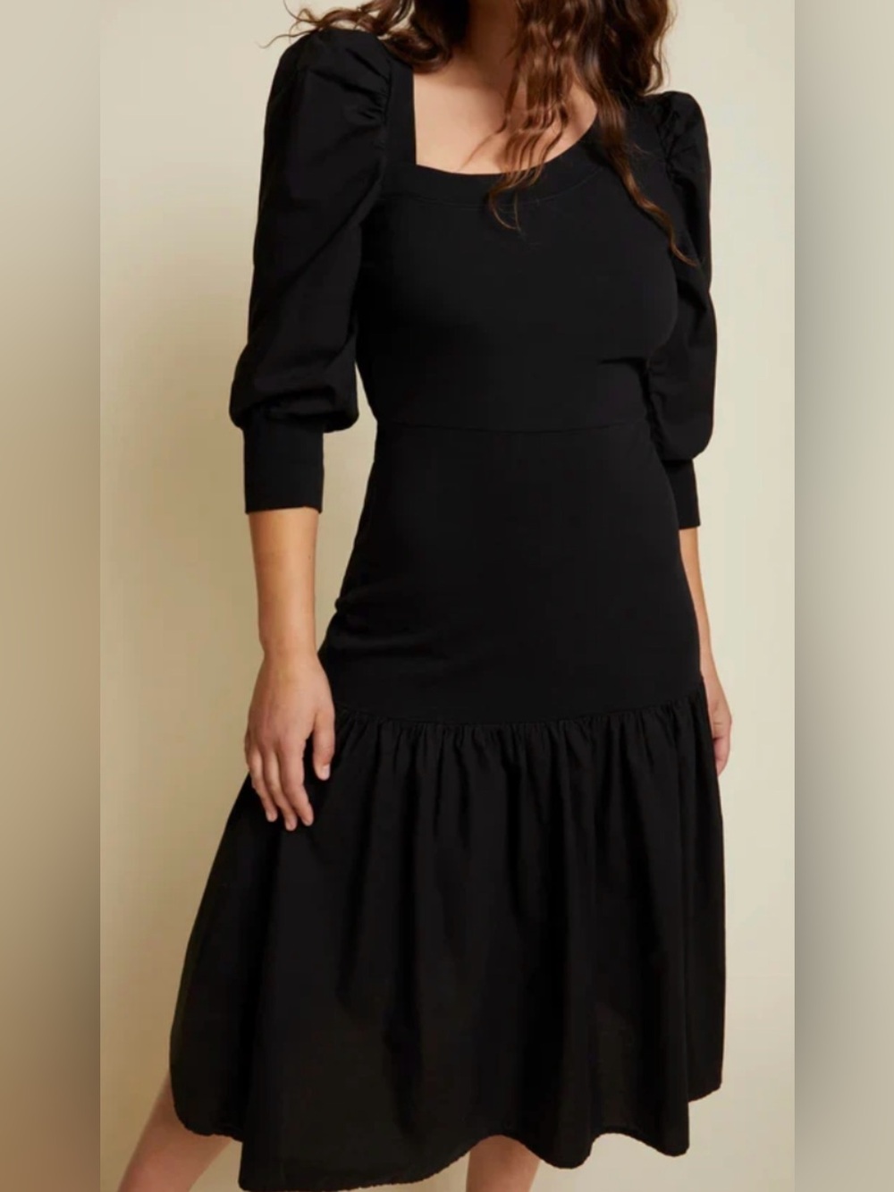 Nation LTD Catalina Asymmetrical Neckline Black Puff-Sleeve Midi Dress XS - Picture 1 of 7